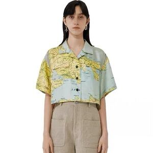 Map Print Silk Cropped Shirt